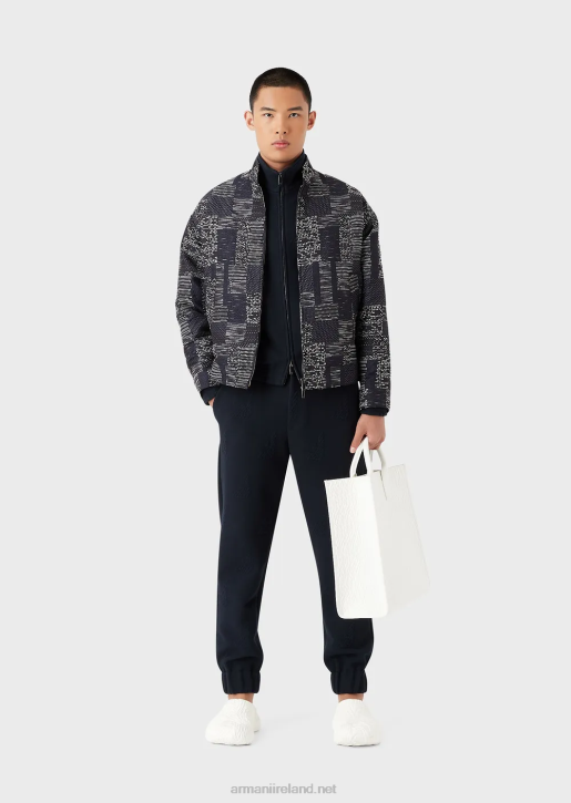Men 086V1320 Embossed All-Over Eagle Jersey Full-Zip Blouson Armani Navy Blue