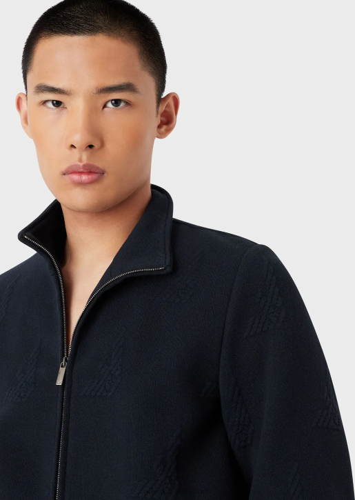 Men 086V1320 Embossed All-Over Eagle Jersey Full-Zip Blouson Armani Navy Blue