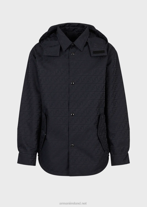 Men 086V1322 Jacquard Nylon Hooded Reversible Blouson With All-Over Eagle Logo Armani Navy Blue