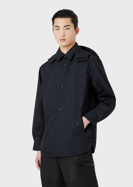 Men 086V1322 Jacquard Nylon Hooded Reversible Blouson With All-Over Eagle Logo Armani Navy Blue