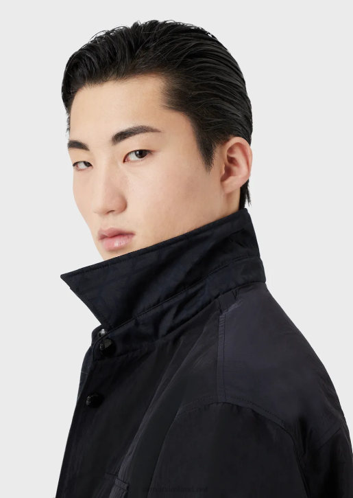 Men 086V1322 Jacquard Nylon Hooded Reversible Blouson With All-Over Eagle Logo Armani Navy Blue