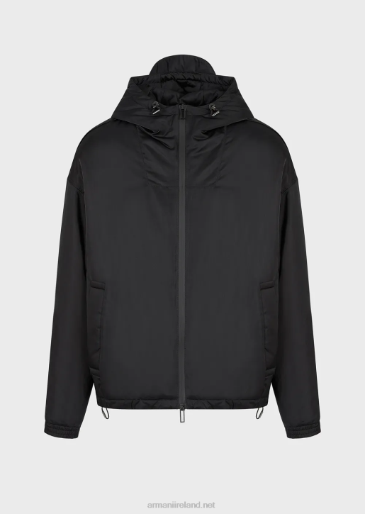 Men 086V1323 Full-Zip Water-Repellent Hooded Blouson In Recycled Nylon With Logo Tape Armani Black