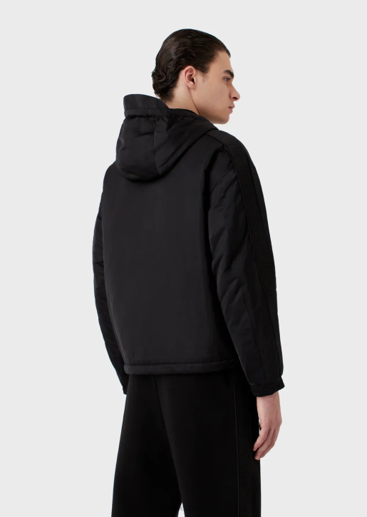 Men 086V1323 Full-Zip Water-Repellent Hooded Blouson In Recycled Nylon With Logo Tape Armani Black