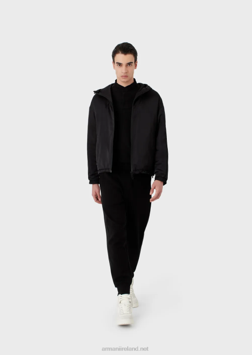Men 086V1323 Full-Zip Water-Repellent Hooded Blouson In Recycled Nylon With Logo Tape Armani Black