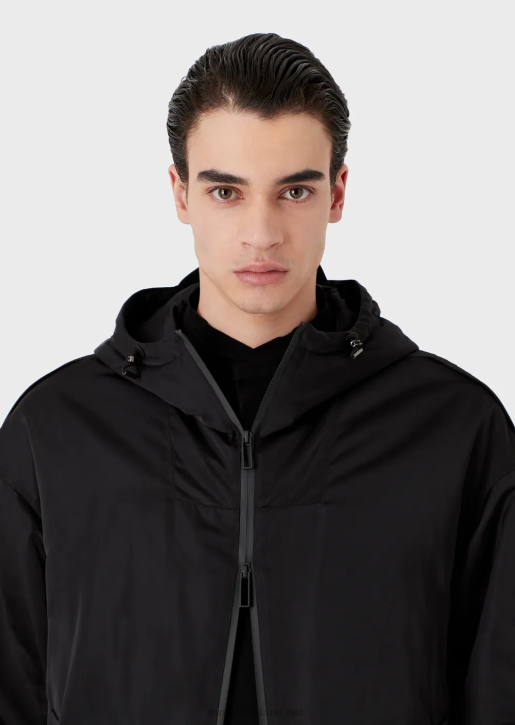 Men 086V1323 Full-Zip Water-Repellent Hooded Blouson In Recycled Nylon With Logo Tape Armani Black
