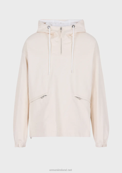 Men 086V1326 Cotton-Bull Hooded Anorak In Oversized Graphic Print With Logo Armani Milky White