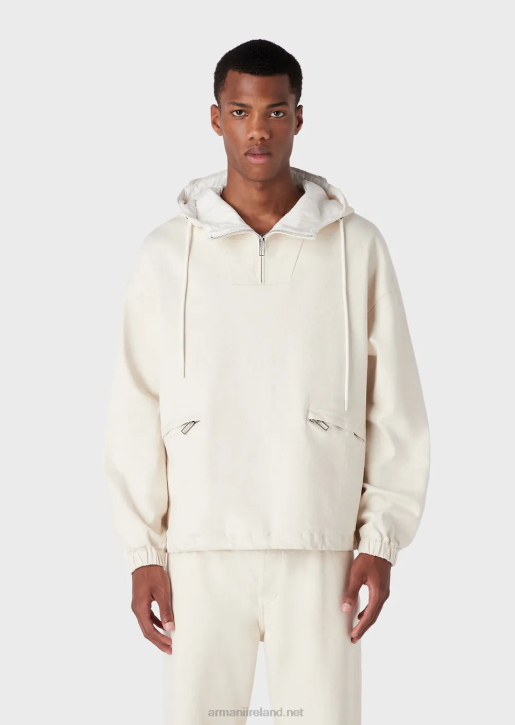 Men 086V1326 Cotton-Bull Hooded Anorak In Oversized Graphic Print With Logo Armani Milky White