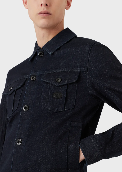 Men 086V1327 Denim Wash Jacket With Logo Patch Armani Navy Blue