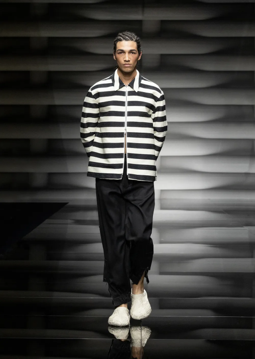 Men 086V1336 Horizontal Striped Ottoman Zip-Up Blouson Armani Black