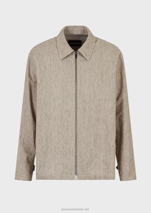 Men 086V1337 Coated Linen Zip-Up Blouson With Openwork Chevron Motif Armani Beige