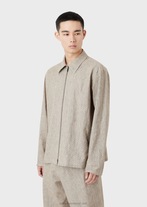 Men 086V1337 Coated Linen Zip-Up Blouson With Openwork Chevron Motif Armani Beige