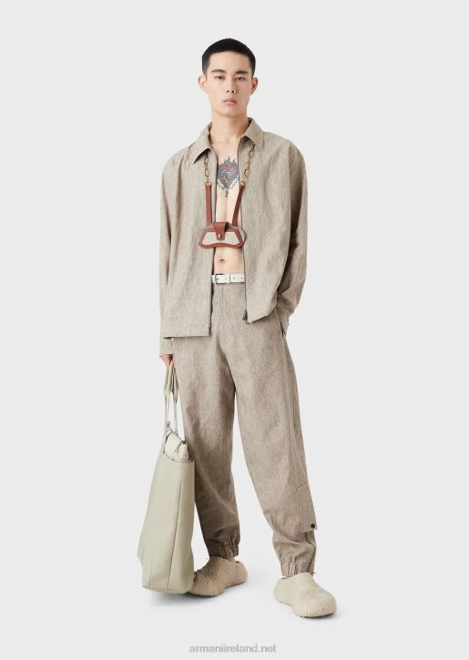 Men 086V1337 Coated Linen Zip-Up Blouson With Openwork Chevron Motif Armani Beige