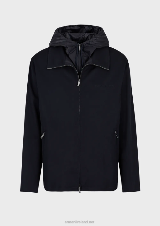 Men 086V1341 Full-Zip Hooded Blouson In Crisp Virgin-Wool Gabardine Armani Navy Blue