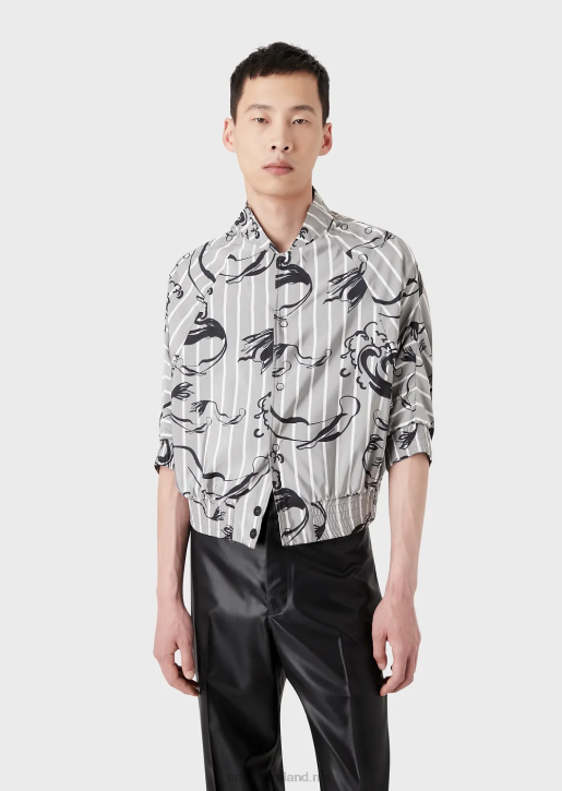 Men 086V1344 Short Sleeve Blouson In Mermaid-Print Striped Technical Fabric Armani