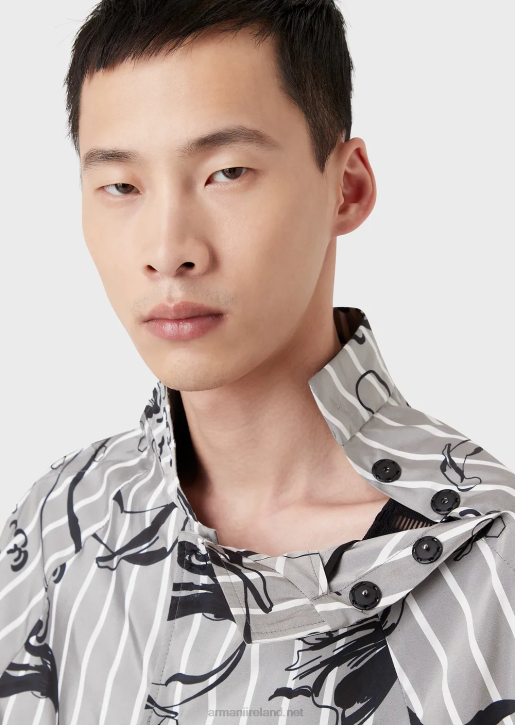 Men 086V1344 Short Sleeve Blouson In Mermaid-Print Striped Technical Fabric Armani