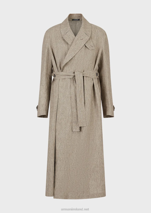 Men 086V1354 Coated Linen Trench Coat With Openwork Chevron Motif Armani
