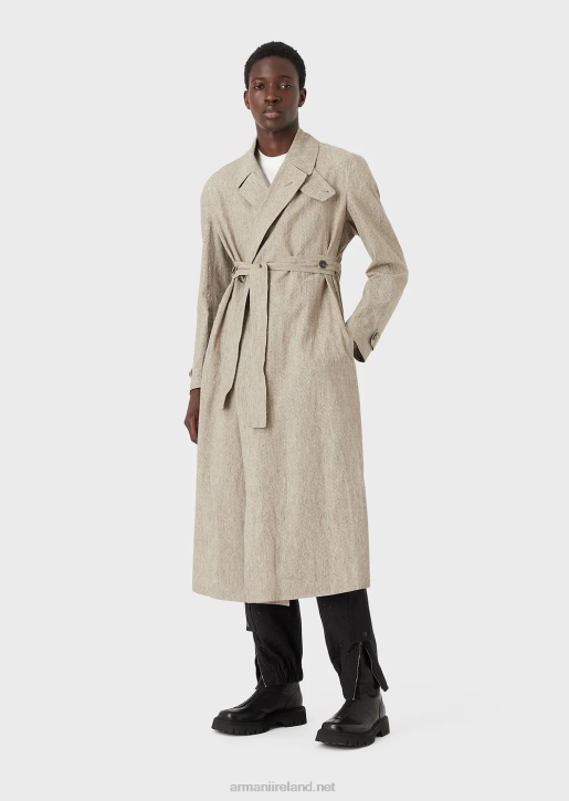 Men 086V1354 Coated Linen Trench Coat With Openwork Chevron Motif Armani