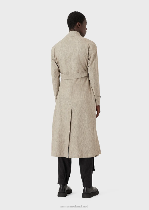 Men 086V1354 Coated Linen Trench Coat With Openwork Chevron Motif Armani