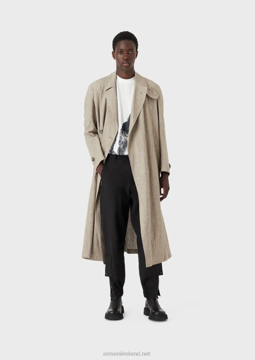Men 086V1354 Coated Linen Trench Coat With Openwork Chevron Motif Armani