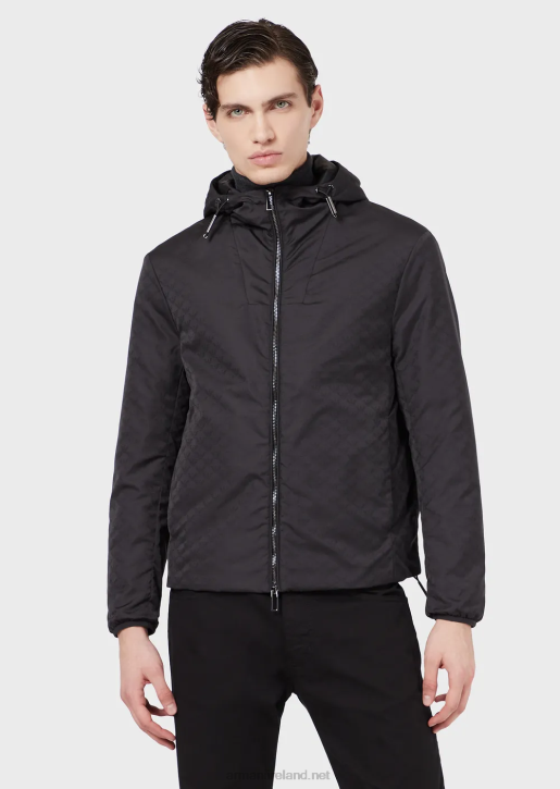 Men 086V1358 Hooded, Nylon Jacket With All-Over Jacquard Monogram Armani Black