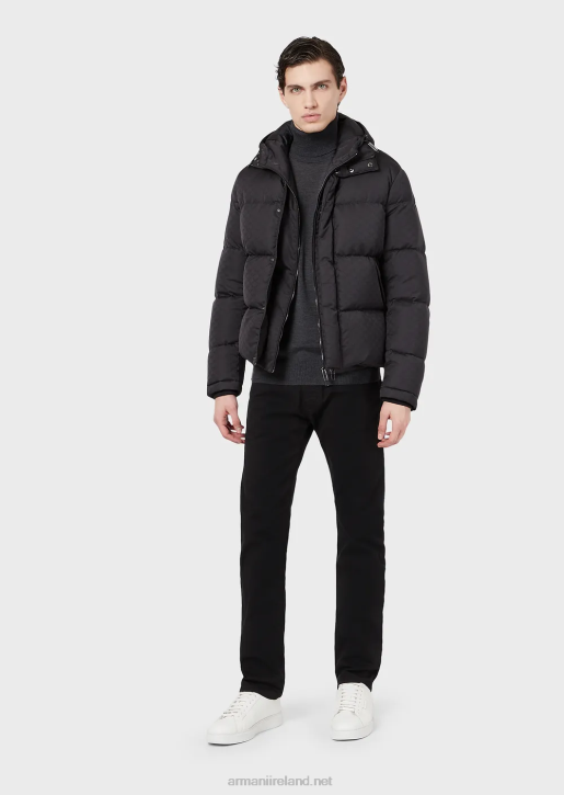 Men 086V1358 Hooded, Nylon Jacket With All-Over Jacquard Monogram Armani Black