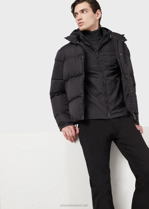 Men 086V1358 Hooded, Nylon Jacket With All-Over Jacquard Monogram Armani Black