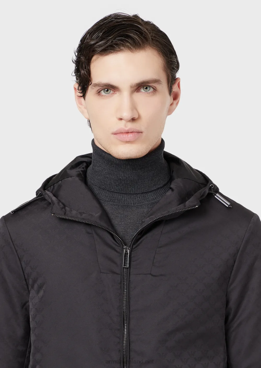Men 086V1358 Hooded, Nylon Jacket With All-Over Jacquard Monogram Armani Black