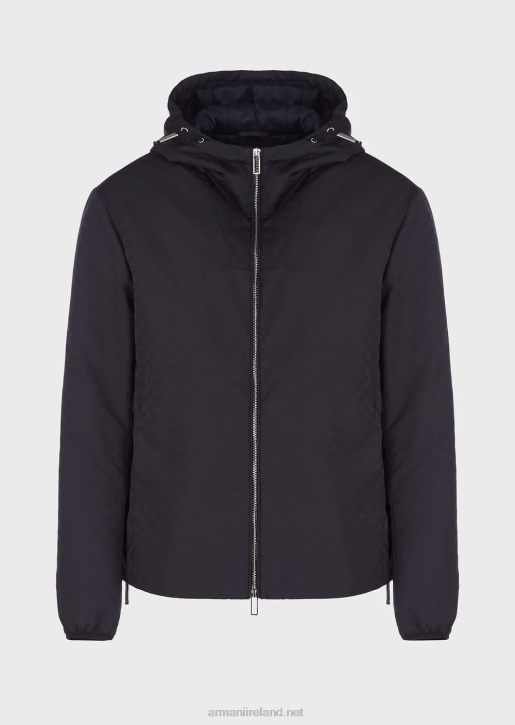 Men 086V1359 Hooded, Nylon Jacket With All-Over Jacquard Monogram Armani Midnight Blue