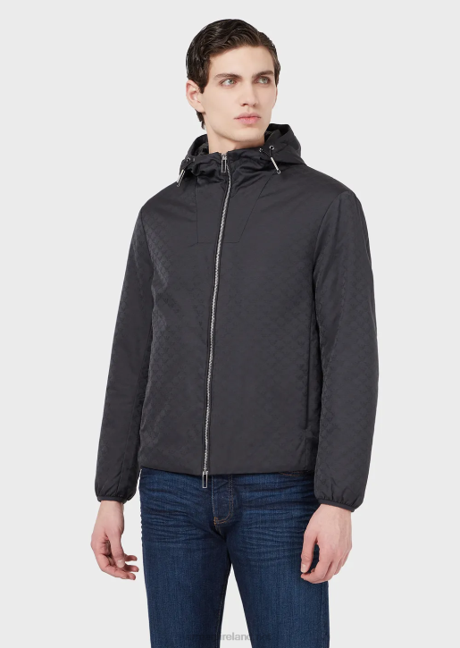 Men 086V1359 Hooded, Nylon Jacket With All-Over Jacquard Monogram Armani Midnight Blue