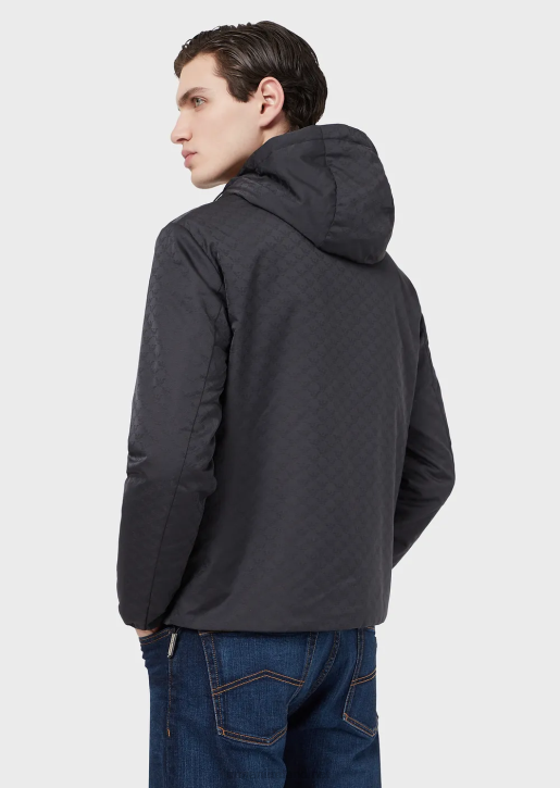 Men 086V1359 Hooded, Nylon Jacket With All-Over Jacquard Monogram Armani Midnight Blue