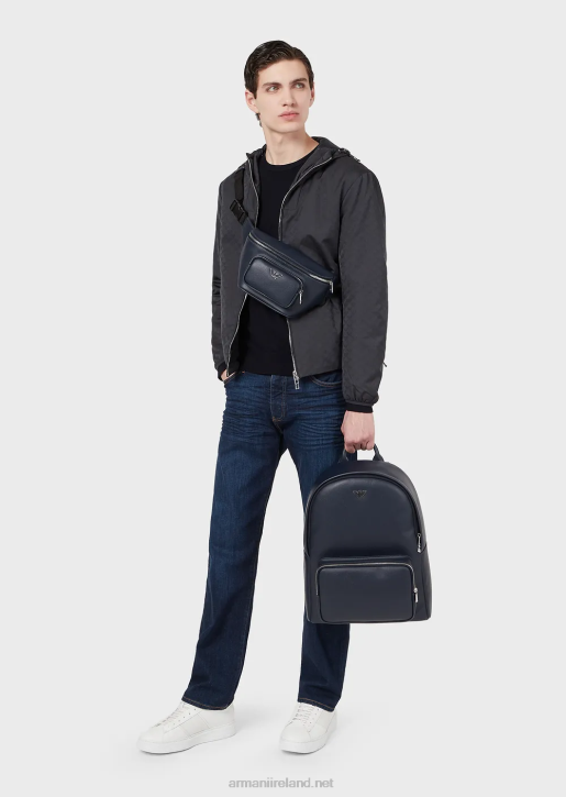 Men 086V1359 Hooded, Nylon Jacket With All-Over Jacquard Monogram Armani Midnight Blue