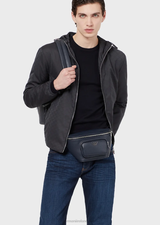 Men 086V1359 Hooded, Nylon Jacket With All-Over Jacquard Monogram Armani Midnight Blue