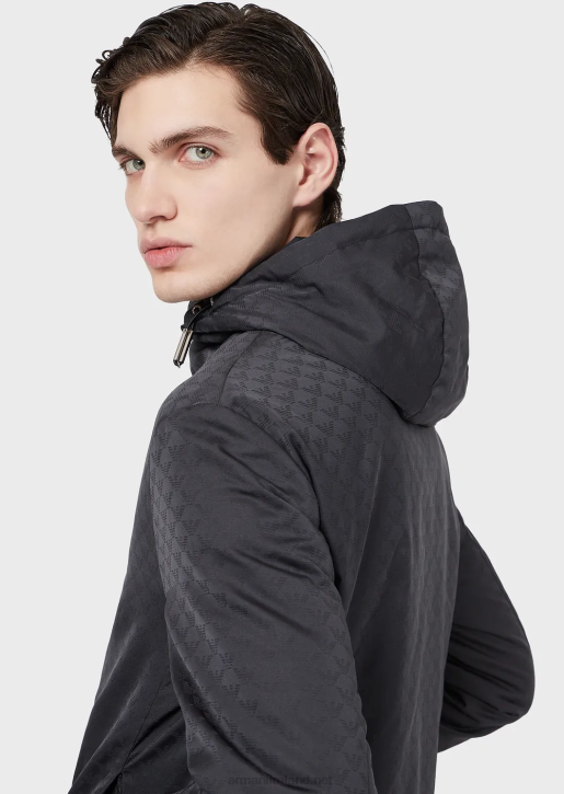 Men 086V1359 Hooded, Nylon Jacket With All-Over Jacquard Monogram Armani Midnight Blue