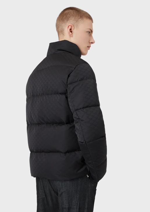 Men 086V1364 Quilted Puffer Jacket With All-Over Jacquard Eagle Armani Black