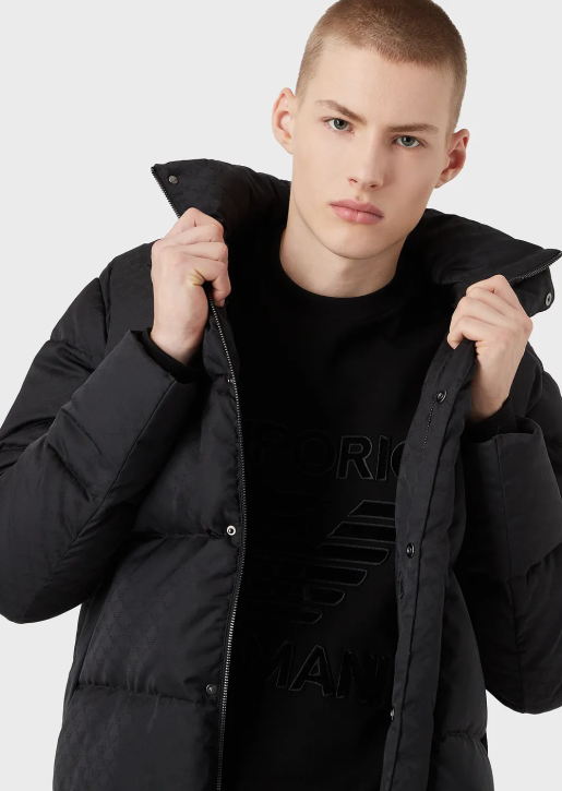 Men 086V1364 Quilted Puffer Jacket With All-Over Jacquard Eagle Armani Black