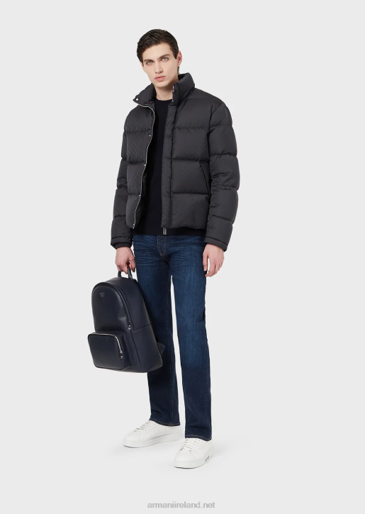 Men 086V1365 Quilted Puffer Jacket With All-Over Jacquard Eagle Armani Blue