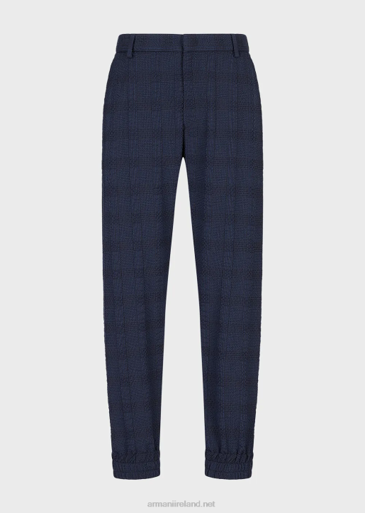 Men 086V1369 3D Prince Of Wales Effect Wool Trousers With Elasticated Ankle Cuffs Armani