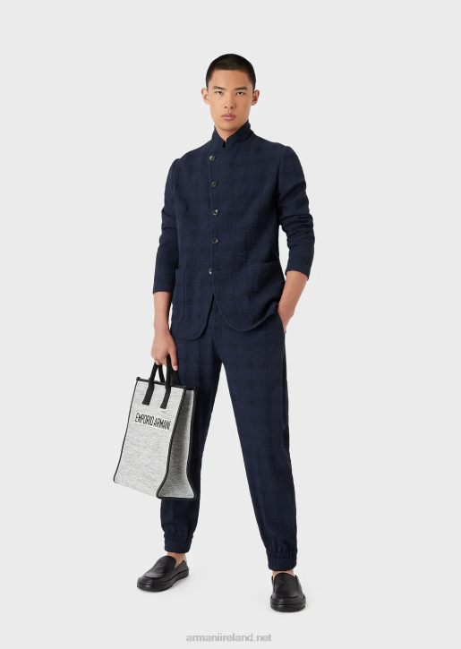 Men 086V1369 3D Prince Of Wales Effect Wool Trousers With Elasticated Ankle Cuffs Armani