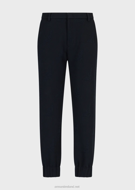 Men 086V1385 All-Over Embossed Eagle Jersey Trousers With Elasticated Ankle Cuffs Armani Navy Blue