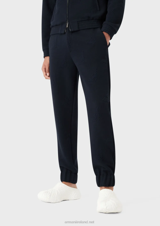 Men 086V1385 All-Over Embossed Eagle Jersey Trousers With Elasticated Ankle Cuffs Armani Navy Blue