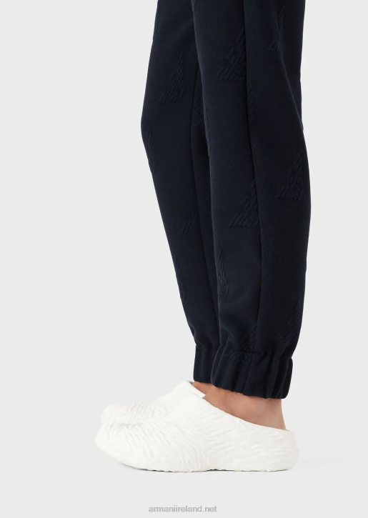 Men 086V1385 All-Over Embossed Eagle Jersey Trousers With Elasticated Ankle Cuffs Armani Navy Blue