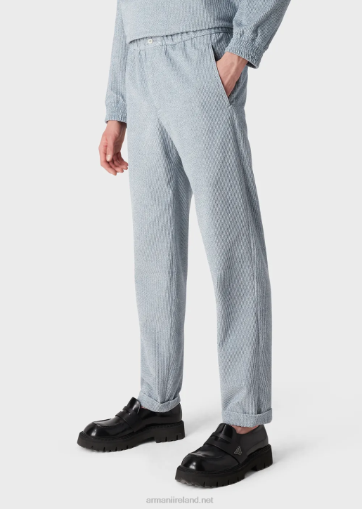 Men 086V1408 Denim-Effect Printed Velvet Trousers With Elasticated Waist Armani Azure