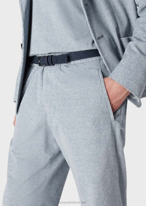 Men 086V1408 Denim-Effect Printed Velvet Trousers With Elasticated Waist Armani Azure