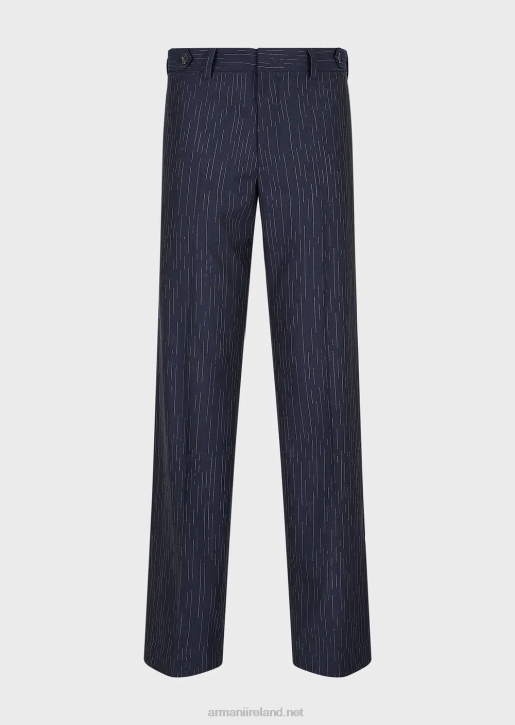 Men 086V1456 Chinos In Fil Coupe Striped Denim-Effect Fabric Armani Navy Blue