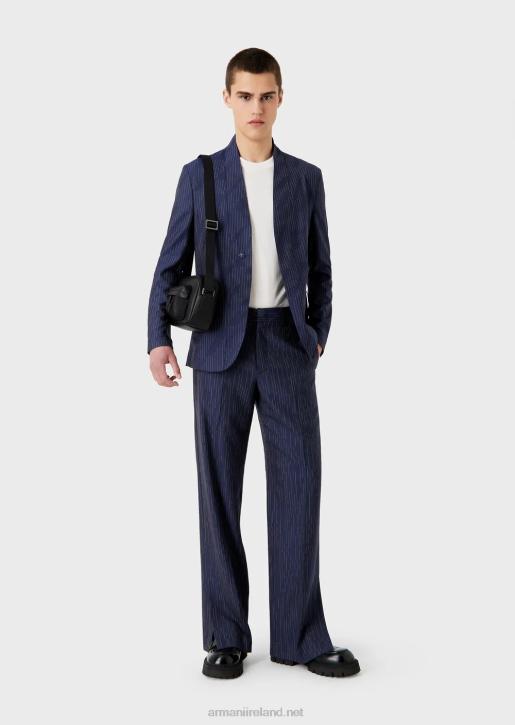 Men 086V1456 Chinos In Fil Coupe Striped Denim-Effect Fabric Armani Navy Blue