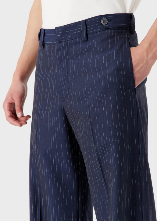 Men 086V1456 Chinos In Fil Coupe Striped Denim-Effect Fabric Armani Navy Blue