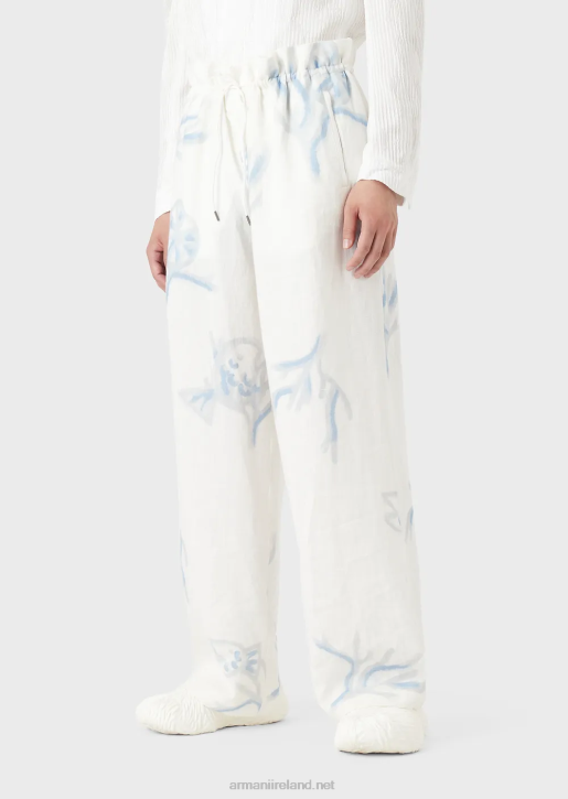 Men 086V1459 All-Over Coral Print Linen Drawstring Trousers Armani White