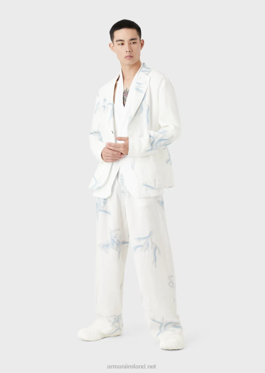 Men 086V1459 All-Over Coral Print Linen Drawstring Trousers Armani White