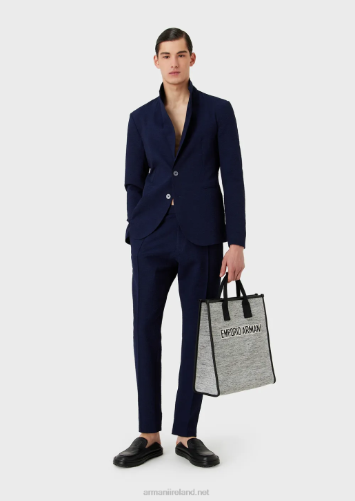 Men 086V1473 Printed Technical Seersucker Ribbed Trousers With An Elasticated Waist Armani Midnight Blue