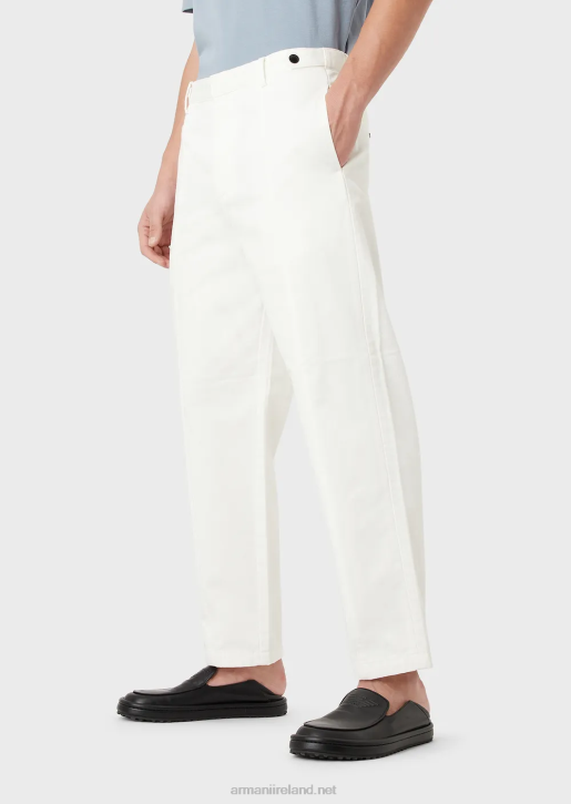 Men 086V1482 Cotton-Satin Chinos With Ribbing Armani White